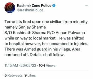 Kashmir police in its tweet gave out details of the killing of Sanjay Sharma in Pulwama on Sunday morning. 